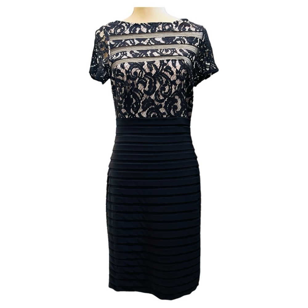 𝅺Adrianna Papell Black Lace Shutter Pleat Cocktail Dress Size 8